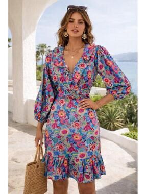MELLODAY Blue Floral Ruffle Wrap Dress